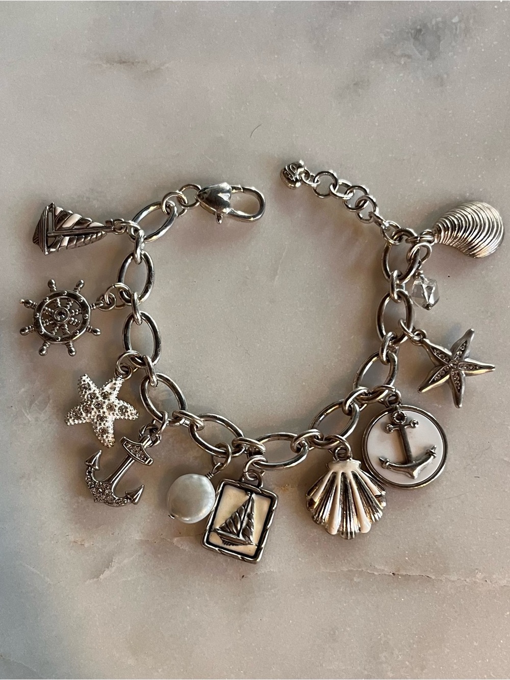 Brighton Silver Tone Nautical Charm Bracelet - Sailboats, Anchors & Shells